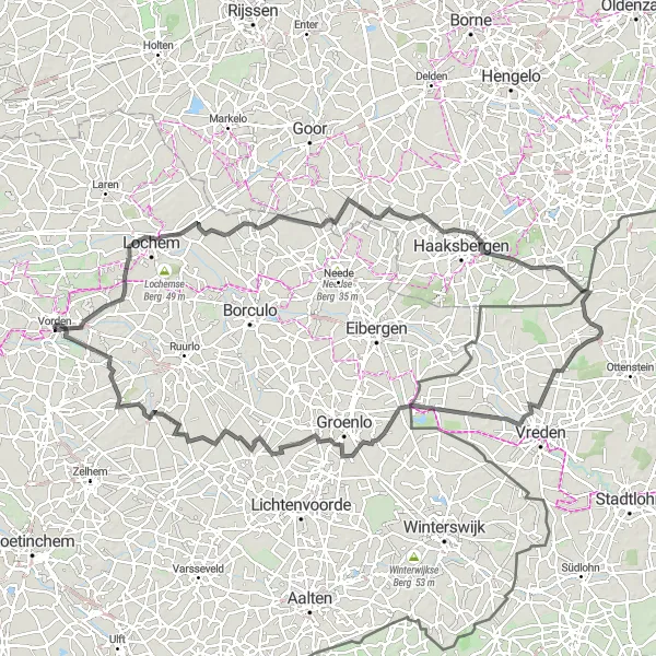 Map miniature of "Scenic road cycling through Vorden" cycling inspiration in Gelderland, Netherlands. Generated by Tarmacs.app cycling route planner