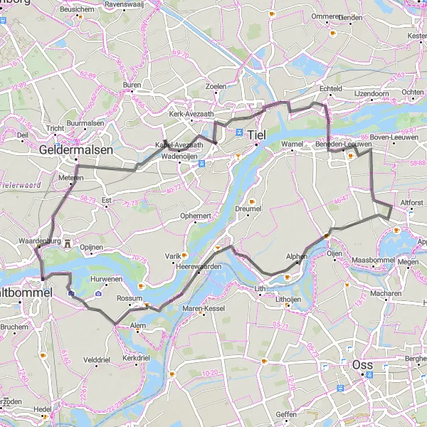 Miniatuurkaart van de fietsinspiratie "Fietsroute rond Waardenburg en Zaltbommel" in Gelderland, Netherlands. Gemaakt door de Tarmacs.app fietsrouteplanner