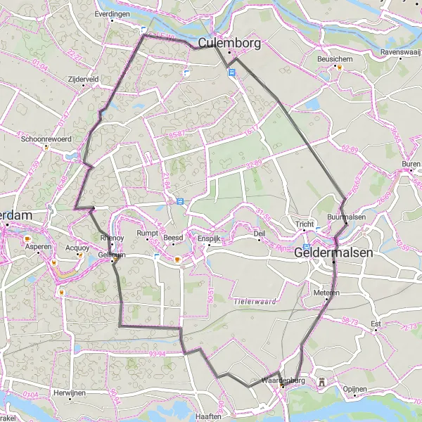 Map miniature of "Geldermalsen Circuit" cycling inspiration in Gelderland, Netherlands. Generated by Tarmacs.app cycling route planner