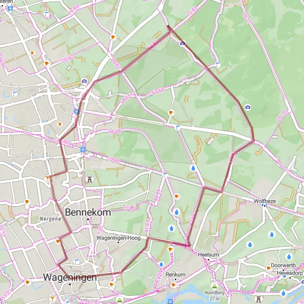Map miniature of "Wageningen Gravel Delight" cycling inspiration in Gelderland, Netherlands. Generated by Tarmacs.app cycling route planner