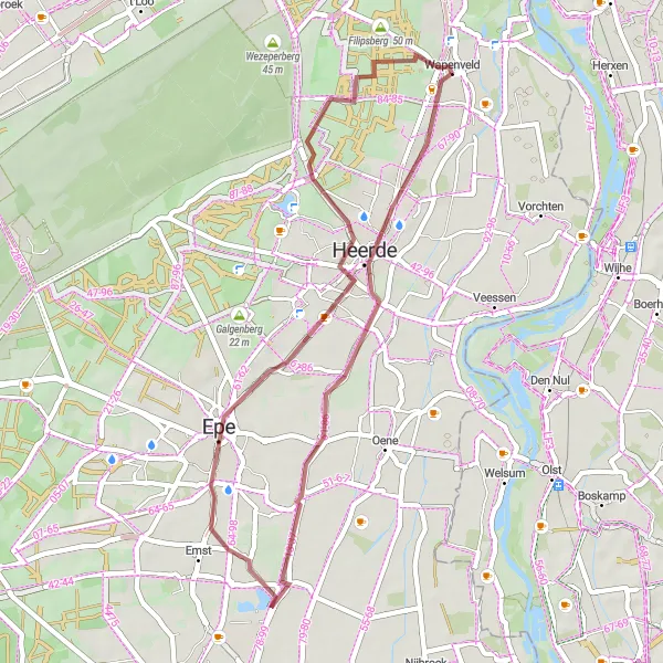 Miniatuurkaart van de fietsinspiratie "Avontuurlijke tocht naar Wapenveld" in Gelderland, Netherlands. Gemaakt door de Tarmacs.app fietsrouteplanner