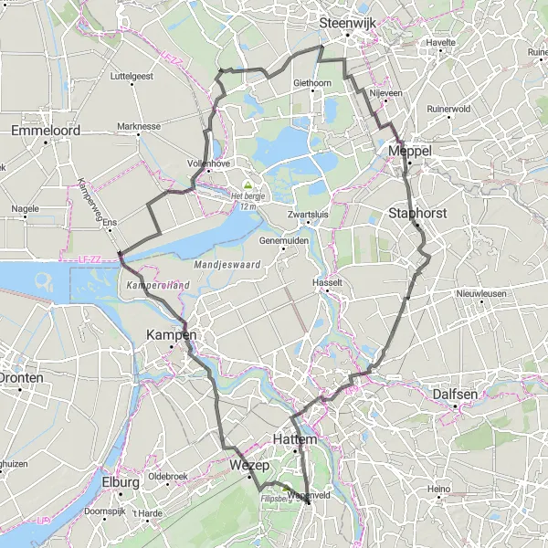 Map miniature of "Wapenveld Adventure" cycling inspiration in Gelderland, Netherlands. Generated by Tarmacs.app cycling route planner