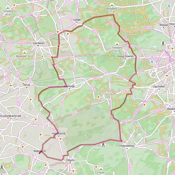 Miniatuurkaart van de fietsinspiratie "Gravelavontuur door de Veluwe" in Gelderland, Netherlands. Gemaakt door de Tarmacs.app fietsrouteplanner