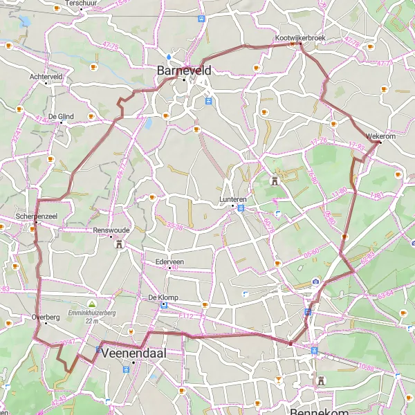 Map miniature of "Gravel Tour through the Heart of Gelderland" cycling inspiration in Gelderland, Netherlands. Generated by Tarmacs.app cycling route planner