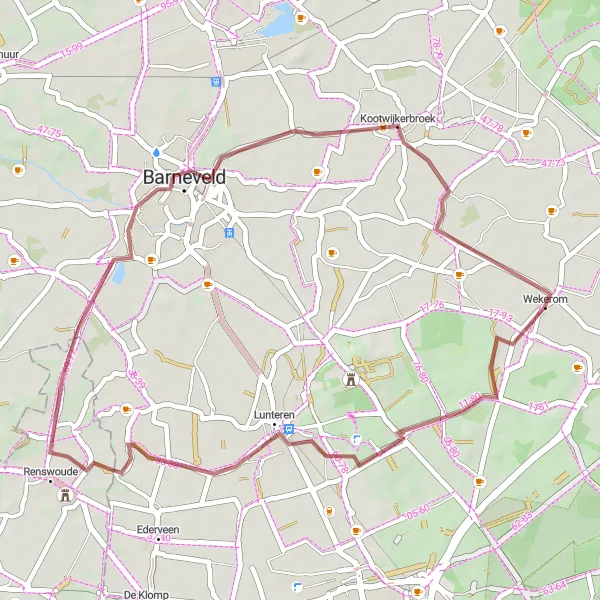 Map miniature of "Wekerom to Lunteren and Kootwijkerbroek Gravel Route" cycling inspiration in Gelderland, Netherlands. Generated by Tarmacs.app cycling route planner