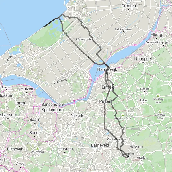 Miniatuurkaart van de fietsinspiratie "Fietsavontuur over de Veluwe en Flevoland" in Gelderland, Netherlands. Gemaakt door de Tarmacs.app fietsrouteplanner