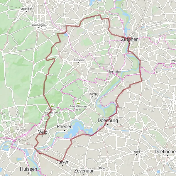 Miniatuurkaart van de fietsinspiratie "Gravelroute door de Veluwe en de IJsselvallei" in Gelderland, Netherlands. Gemaakt door de Tarmacs.app fietsrouteplanner