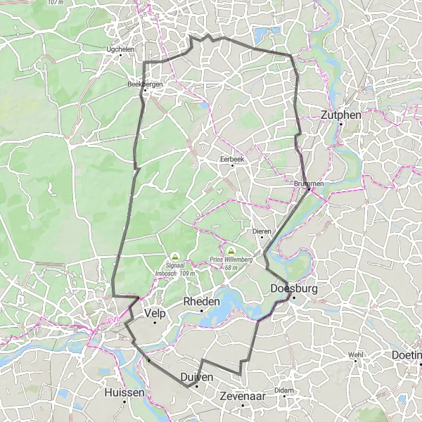 Miniatuurkaart van de fietsinspiratie "Avontuurlijke tocht over de Veluwe en de IJssel" in Gelderland, Netherlands. Gemaakt door de Tarmacs.app fietsrouteplanner