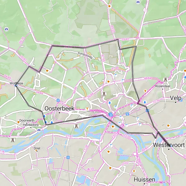 Map miniature of "Arnhem Escape" cycling inspiration in Gelderland, Netherlands. Generated by Tarmacs.app cycling route planner