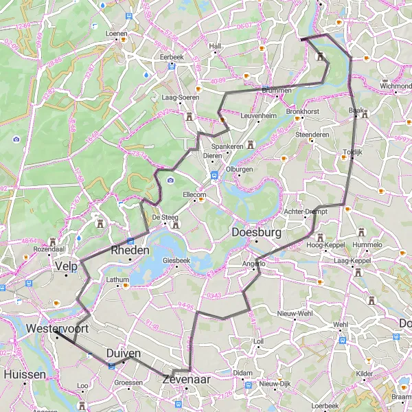 Miniatuurkaart van de fietsinspiratie "Kastelen en Uitkijktorens tocht" in Gelderland, Netherlands. Gemaakt door de Tarmacs.app fietsrouteplanner