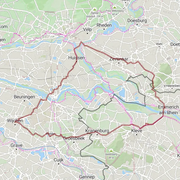 Map miniature of "Exploring the Gravel Roads around Wijchen" cycling inspiration in Gelderland, Netherlands. Generated by Tarmacs.app cycling route planner