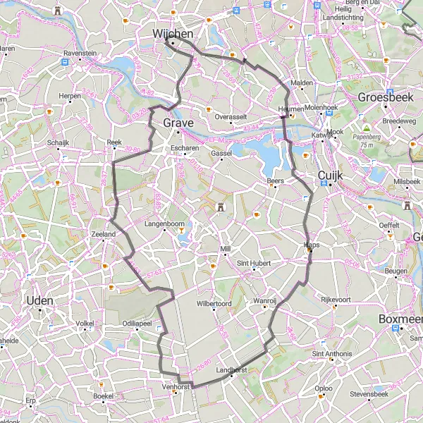 Map miniature of "Road Cycling Delights near Wijchen" cycling inspiration in Gelderland, Netherlands. Generated by Tarmacs.app cycling route planner