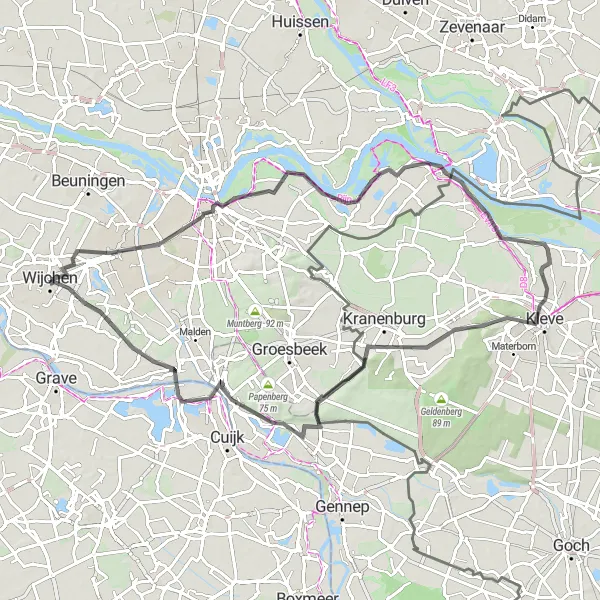 Map miniature of "Historic Landmarks of Gelderland" cycling inspiration in Gelderland, Netherlands. Generated by Tarmacs.app cycling route planner