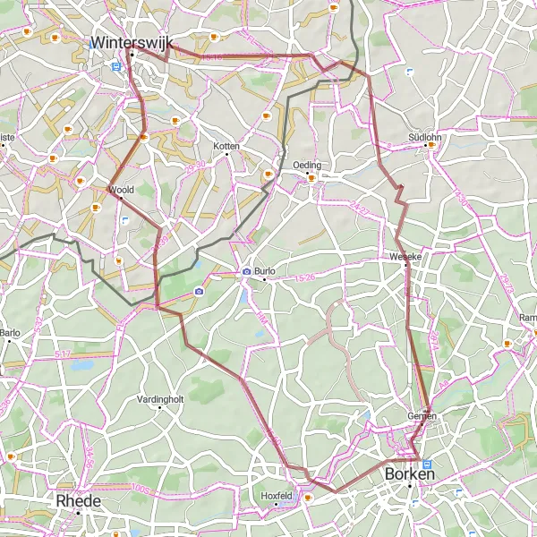 Miniatuurkaart van de fietsinspiratie "Ontdek de grindpaden van Borken en Woold" in Gelderland, Netherlands. Gemaakt door de Tarmacs.app fietsrouteplanner