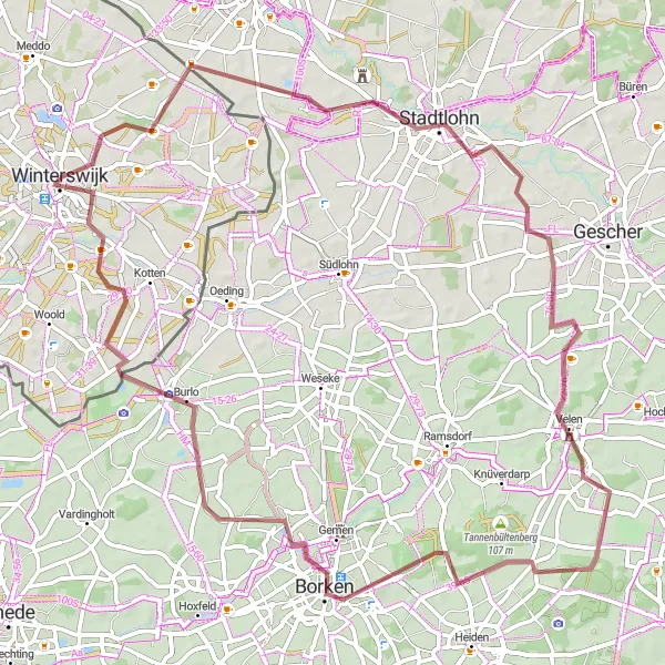 Miniatuurkaart van de fietsinspiratie "Langs de grindpaden van Stadtlohn naar Brinkheurne" in Gelderland, Netherlands. Gemaakt door de Tarmacs.app fietsrouteplanner