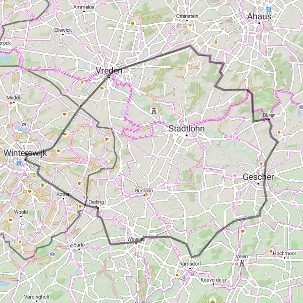 Map miniature of "Discover Vreden and Büren" cycling inspiration in Gelderland, Netherlands. Generated by Tarmacs.app cycling route planner