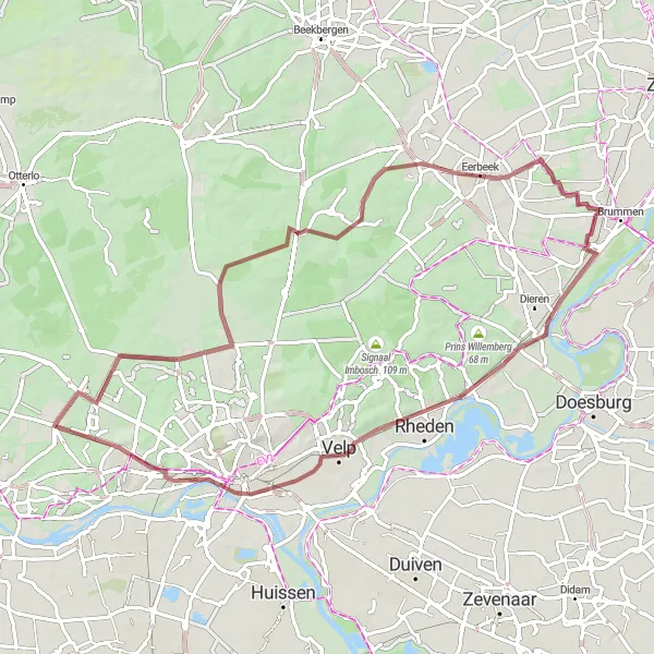 Map miniature of "Wolfheze – De Oase – Oosterbeek – Groenendaal – Velp" cycling inspiration in Gelderland, Netherlands. Generated by Tarmacs.app cycling route planner