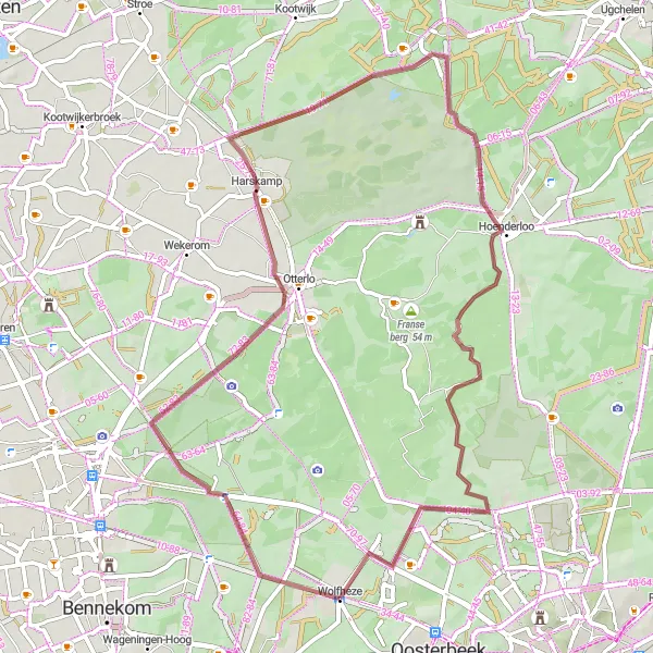 Map miniature of "Adventure & Nature Gravel Loop - Wolfheze to Hoenderloo" cycling inspiration in Gelderland, Netherlands. Generated by Tarmacs.app cycling route planner