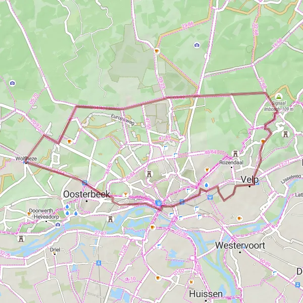 Miniatuurkaart van de fietsinspiratie "Gravelroute naar Arnhem en omgeving" in Gelderland, Netherlands. Gemaakt door de Tarmacs.app fietsrouteplanner