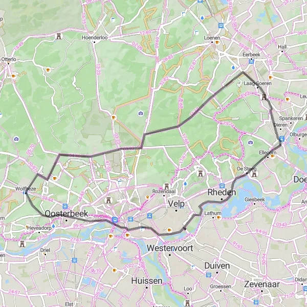 Map miniature of "Wolfheze – De Oase – Oosterbeek" cycling inspiration in Gelderland, Netherlands. Generated by Tarmacs.app cycling route planner