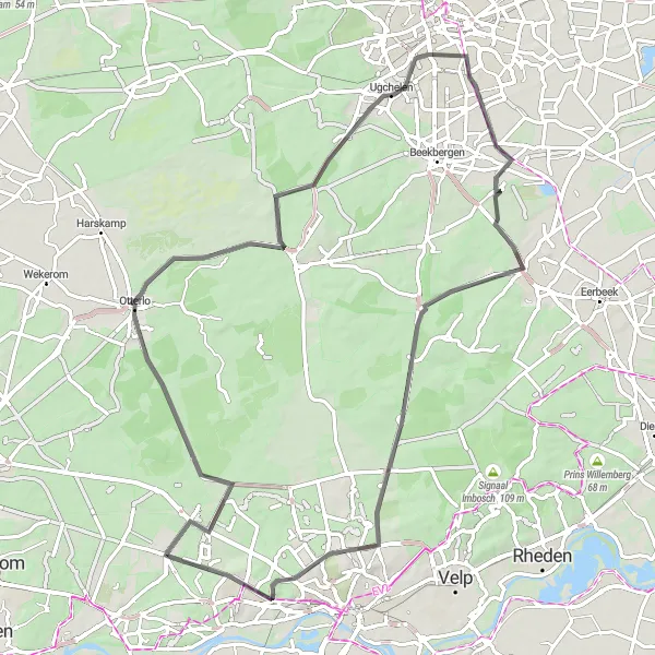 Map miniature of "Wolfheze – Oud Reemst – Otterlo – Heksenkring" cycling inspiration in Gelderland, Netherlands. Generated by Tarmacs.app cycling route planner