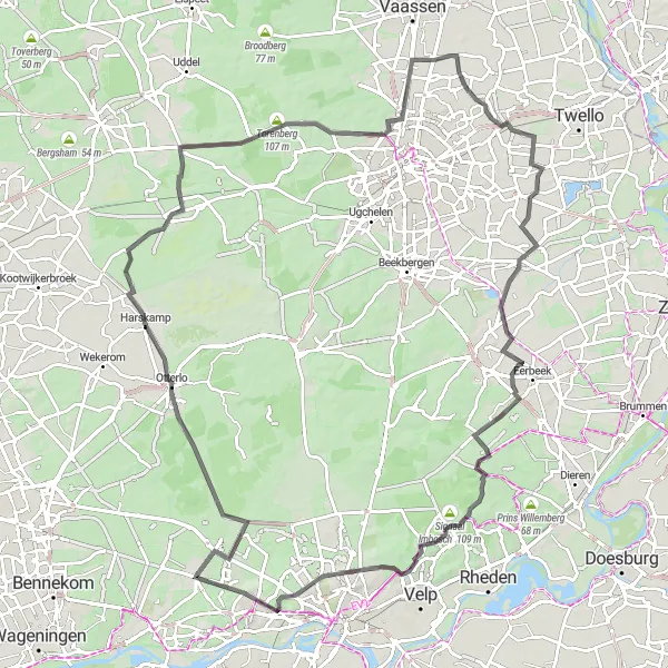 Map miniature of "Wolfheze – Oud Reemst – Heksenkring – Kasteel Rosendael – De Waterberg" cycling inspiration in Gelderland, Netherlands. Generated by Tarmacs.app cycling route planner