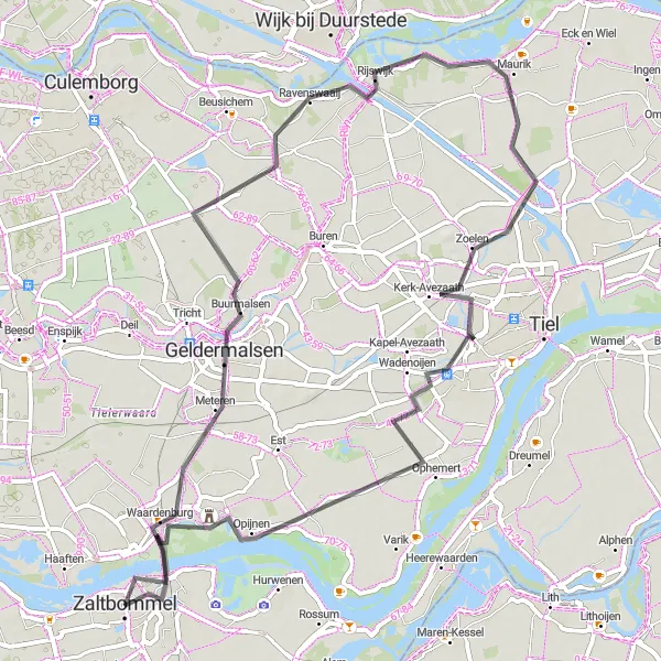 Miniatuurkaart van de fietsinspiratie "Rivierlandschap van Buurmalsen tot Zaltbommel" in Gelderland, Netherlands. Gemaakt door de Tarmacs.app fietsrouteplanner