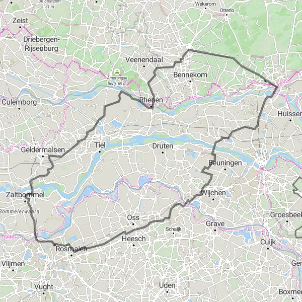 Miniatuurkaart van de fietsinspiratie "Heuvels en Veluwe tocht" in Gelderland, Netherlands. Gemaakt door de Tarmacs.app fietsrouteplanner