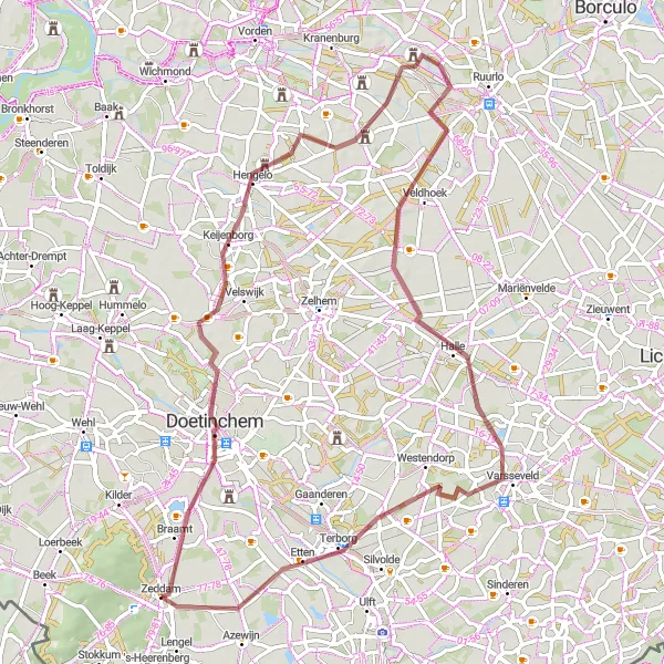 Miniatuurkaart van de fietsinspiratie "Graveltocht door Varsseveld en Etten" in Gelderland, Netherlands. Gemaakt door de Tarmacs.app fietsrouteplanner