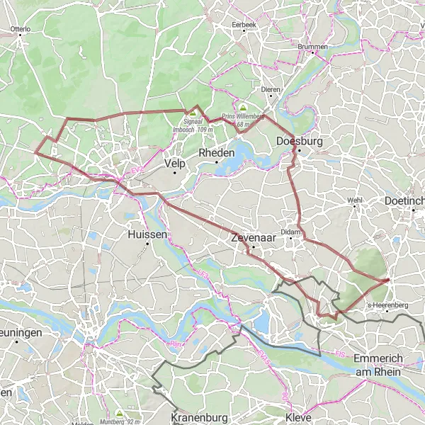 Map miniature of "Montferland and Arnhem Gravel Loop" cycling inspiration in Gelderland, Netherlands. Generated by Tarmacs.app cycling route planner