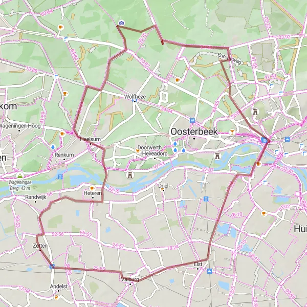 Miniatuurkaart van de fietsinspiratie "Gravelroute Zetten - Arnhem" in Gelderland, Netherlands. Gemaakt door de Tarmacs.app fietsrouteplanner