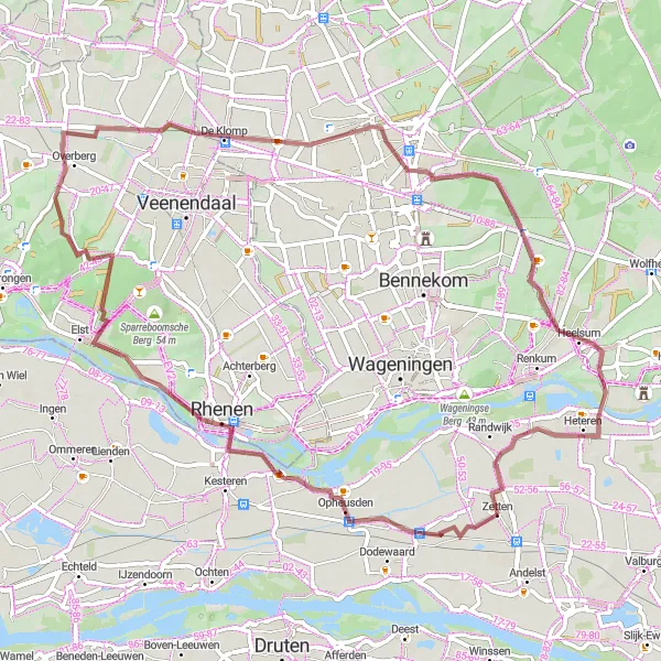 Map miniature of "Zetten - Cuneraheuvel - Elsterberg - Emminkhuizen - Ede" cycling inspiration in Gelderland, Netherlands. Generated by Tarmacs.app cycling route planner