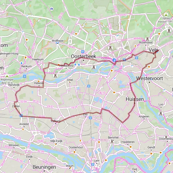 Map miniature of "Zetten - Hemelseberg - Arnhem - Elanderbult - Bergerden" cycling inspiration in Gelderland, Netherlands. Generated by Tarmacs.app cycling route planner