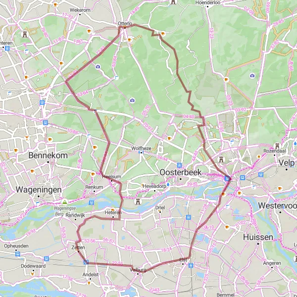Map miniature of "Zetten - Noordberg - Heelsum - Valenberg - Otterlo" cycling inspiration in Gelderland, Netherlands. Generated by Tarmacs.app cycling route planner