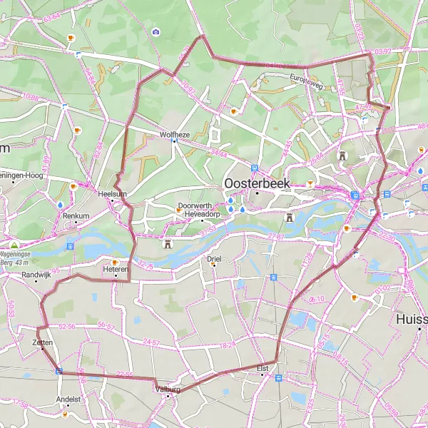 Map miniature of "Zetten Gravel Loop" cycling inspiration in Gelderland, Netherlands. Generated by Tarmacs.app cycling route planner