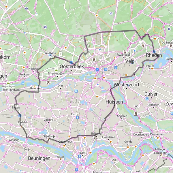 Map miniature of "Zetten - Rondeel - Brandtoren - Ruïne Herikhuizen - Uitzichtpunt voor vogelaars - Bergerden - Slijk-Ewijk" cycling inspiration in Gelderland, Netherlands. Generated by Tarmacs.app cycling route planner