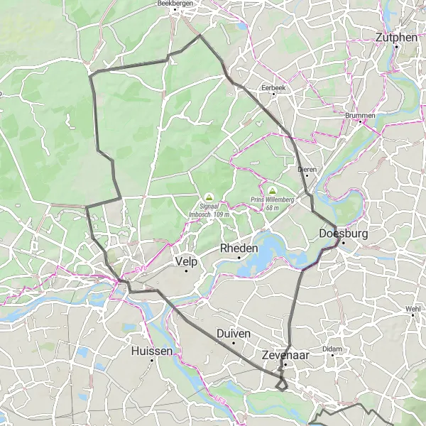 Map miniature of "Arnhem and Zevenaar Road Loop" cycling inspiration in Gelderland, Netherlands. Generated by Tarmacs.app cycling route planner
