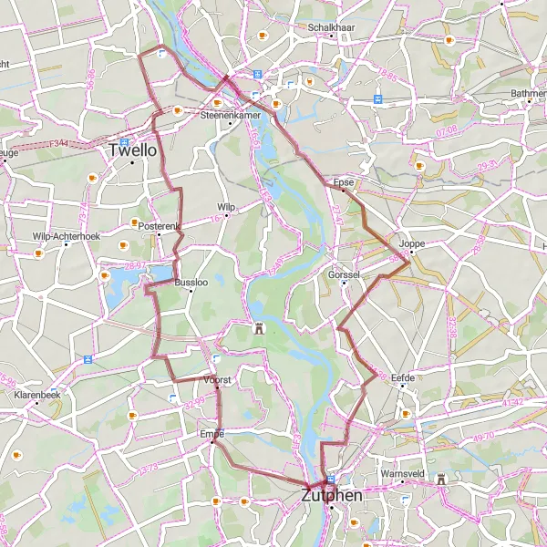 Map miniature of "Gravel Adventure in Voorst" cycling inspiration in Gelderland, Netherlands. Generated by Tarmacs.app cycling route planner