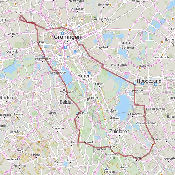 Miniatuurkaart van de fietsinspiratie "Gravelroute langs Waterhuizen en Annen" in Groningen, Netherlands. Gemaakt door de Tarmacs.app fietsrouteplanner