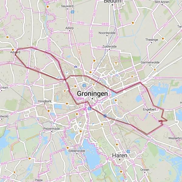 Miniatuurkaart van de fietsinspiratie "Architectonische Gravelroute rond Groningen" in Groningen, Netherlands. Gemaakt door de Tarmacs.app fietsrouteplanner