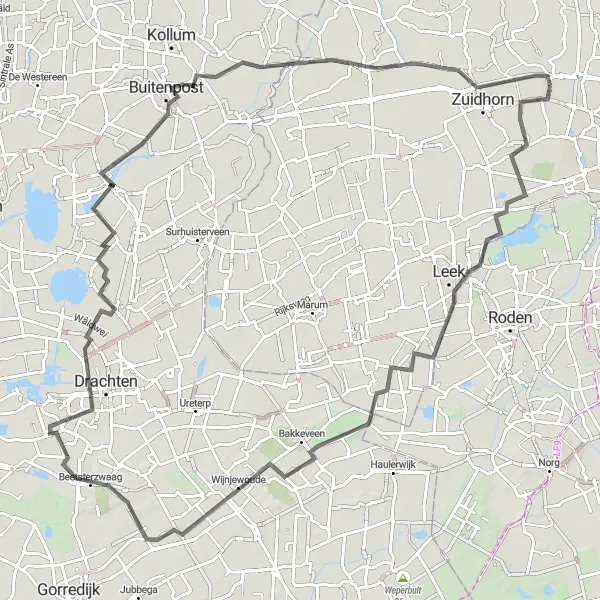 Miniatuurkaart van de fietsinspiratie "Wijnjewoude naar It Wytfean Route" in Groningen, Netherlands. Gemaakt door de Tarmacs.app fietsrouteplanner