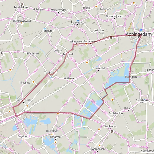 Map miniature of "Appingedam and its Surroundings" cycling inspiration in Groningen, Netherlands. Generated by Tarmacs.app cycling route planner