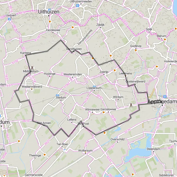 Map miniature of "Wittewierum and 't Zandt Road Route" cycling inspiration in Groningen, Netherlands. Generated by Tarmacs.app cycling route planner