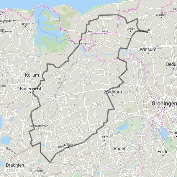 Map miniature of "Countryside Treasures and Hidden Gems" cycling inspiration in Groningen, Netherlands. Generated by Tarmacs.app cycling route planner