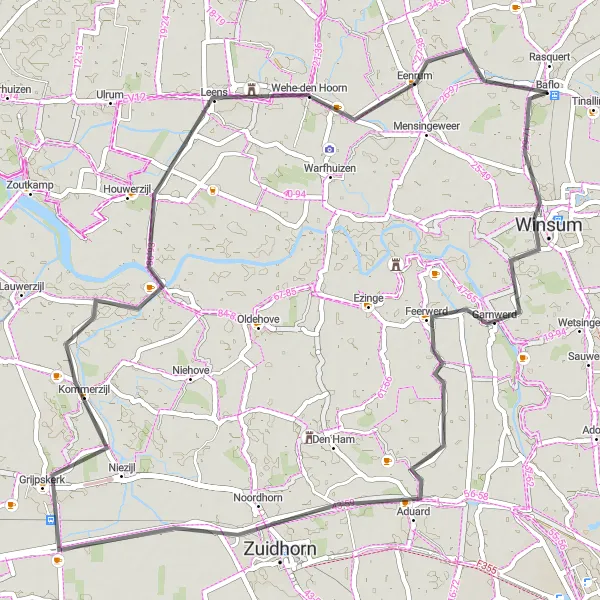 Map miniature of "Feerwerd Loop" cycling inspiration in Groningen, Netherlands. Generated by Tarmacs.app cycling route planner