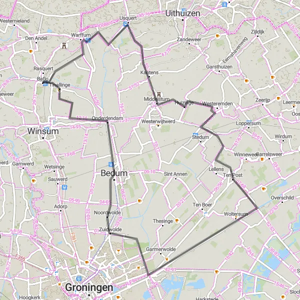 Miniatuurkaart van de fietsinspiratie "Langs Historische Dorpen en Wierden van Groningen" in Groningen, Netherlands. Gemaakt door de Tarmacs.app fietsrouteplanner