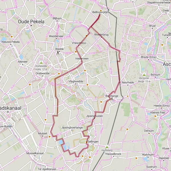 Map miniature of "Rhederbrug and Bellingwolde Loop" cycling inspiration in Groningen, Netherlands. Generated by Tarmacs.app cycling route planner