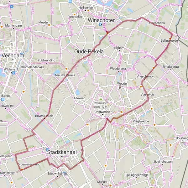 Map miniature of "Vriescheloo Gravel Adventure" cycling inspiration in Groningen, Netherlands. Generated by Tarmacs.app cycling route planner