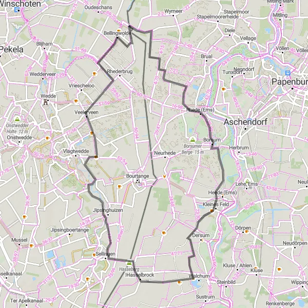 Map miniature of "De Lethe and Veelerveen Road Loop" cycling inspiration in Groningen, Netherlands. Generated by Tarmacs.app cycling route planner