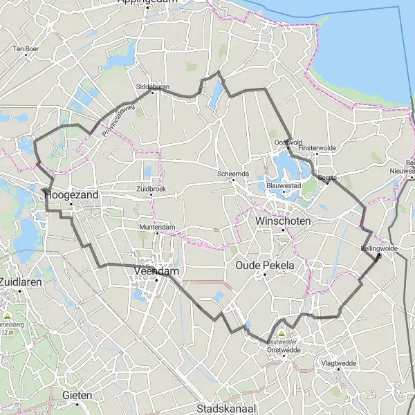 Miniatuurkaart van de fietsinspiratie "Road trip door Woudbloem en Nieuwolda" in Groningen, Netherlands. Gemaakt door de Tarmacs.app fietsrouteplanner